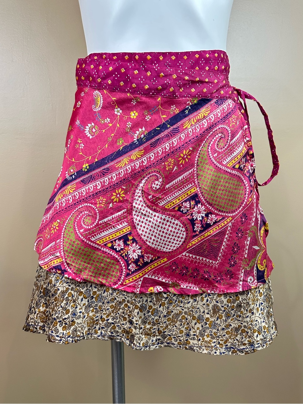 Kariza 100% Silk Wrap Skirt Pink Paisley Boho India Layered Ruffle OS Festival